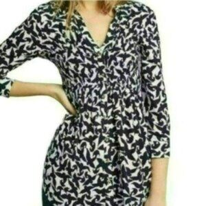 Maeve Alexa Women's XS Blue White Linen Blend V-Neck 3/4 Sleeve Shirred Blouse